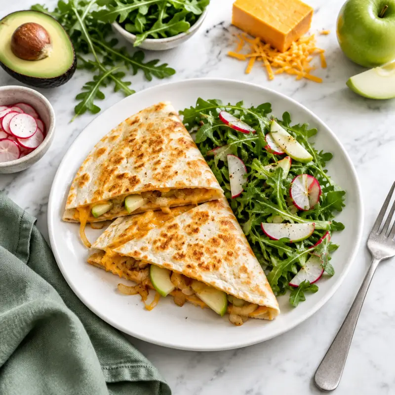 Cheddar, Apple & Onion Quesadilla with Arugula-Radish Salad, plated