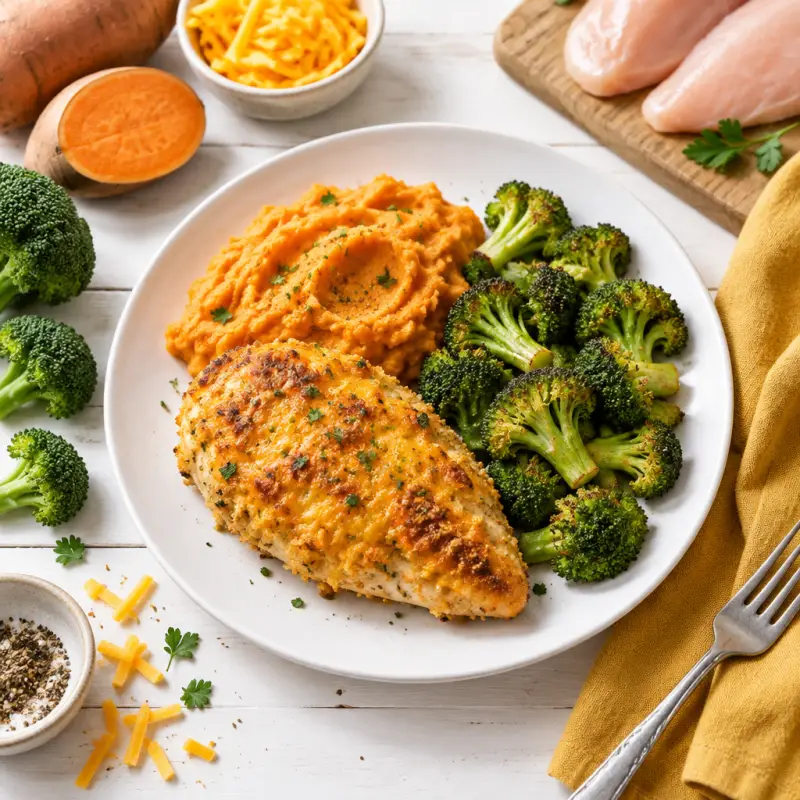 Cheddar Crusted Chicken with Mashed Sweet Potatoes & Roasted Broccoli, plated