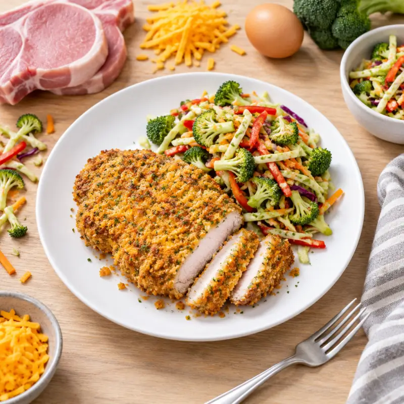 Cheddar-Panko Crusted Pork Cutlets with Bell Pepper & Broccoli Slaw, plated