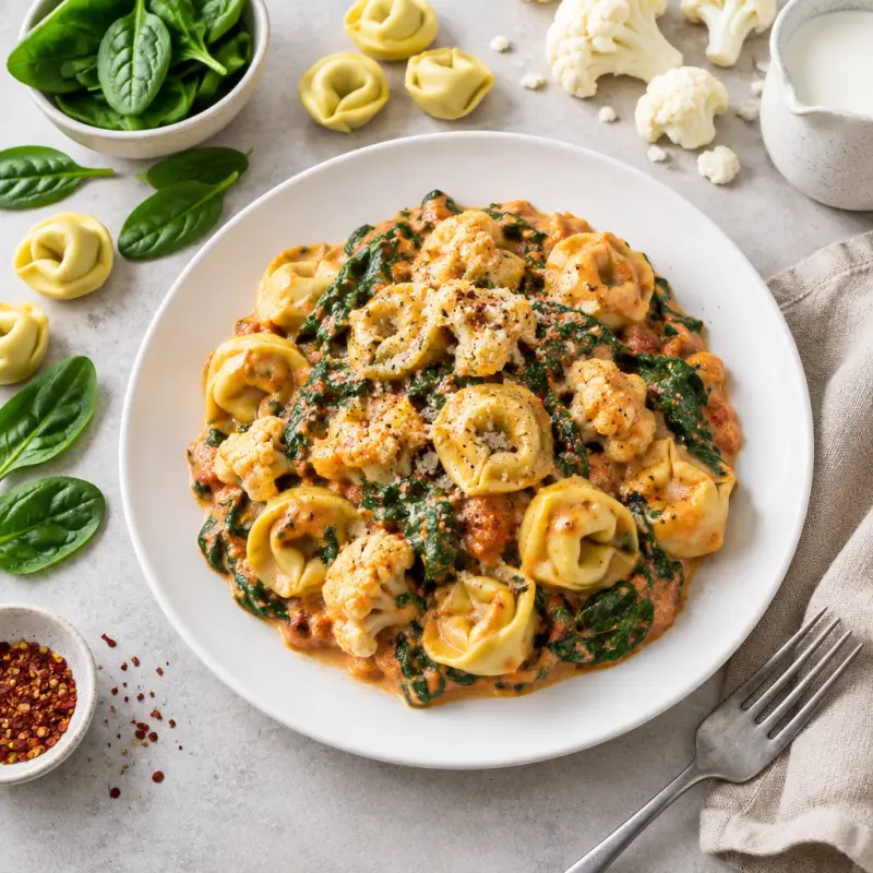 Cheese Tortellini & Cauliflower with Creamy Spinach Marinara, plated