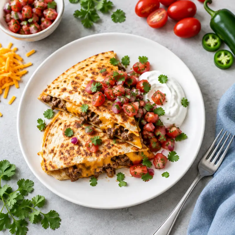 Cheeseburger Quesadilla with Pico de Gallo & Greek Yogurt, plated