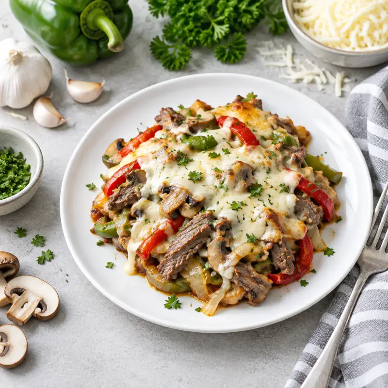 "Cheesesteak" Bake with Peppers, Mushrooms, Onions & Melted Mozzarella, plated