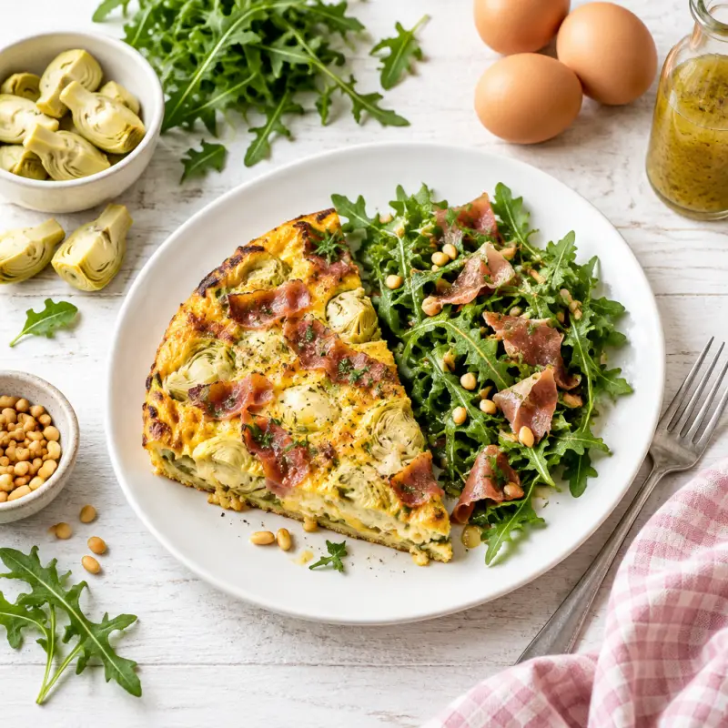 Cheesy "Antipasti" Frittata with Prosciutto & Pine Nut-Arugula Salad, plated