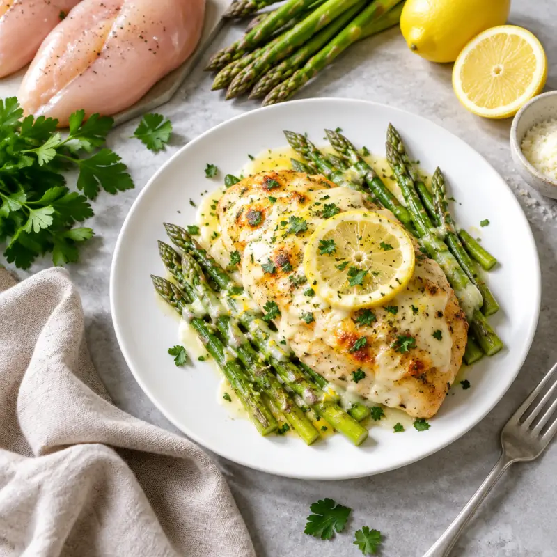 Cheesy Asparagus Lemon Chicken Bake, plated
