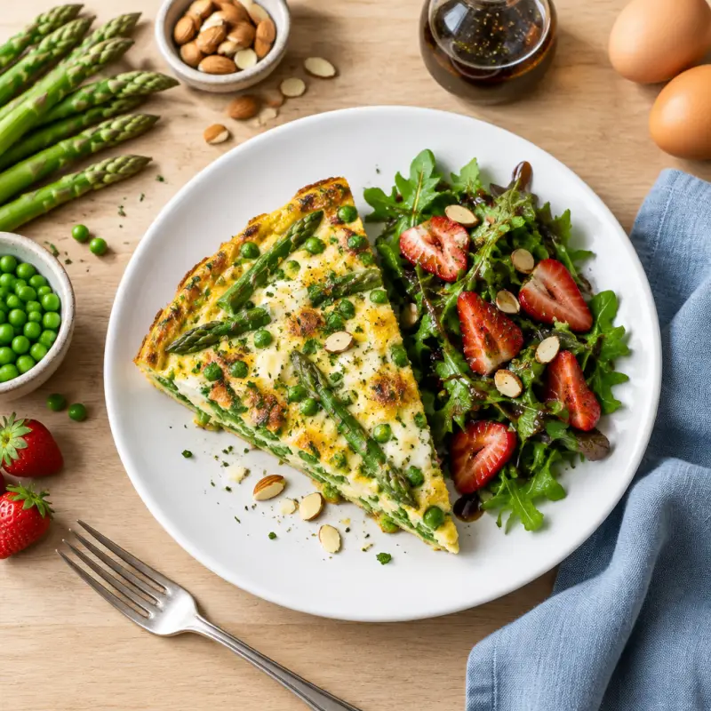 Cheesy Asparagus & Pea Frittata with Strawberry Balsamic Green Salad, plated