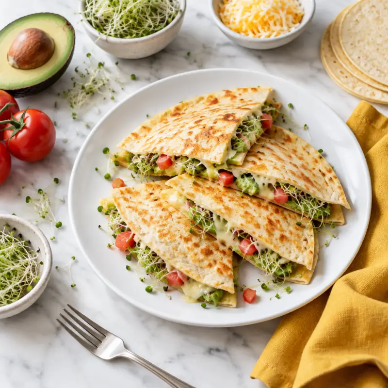 Cheesy Avocado, Tomato & Alfalfa Sprout Quesadillas, plated