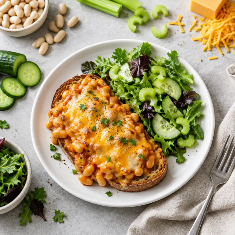 Cheesy "Baked Beans on Toast" with Mixed Greens & Celery Salad, plated