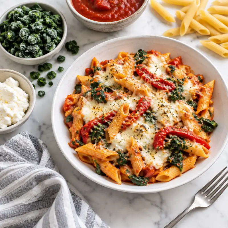 Cheesy Baked Penne with Tomato, Spinach & Roasted Red Peppers, plated
