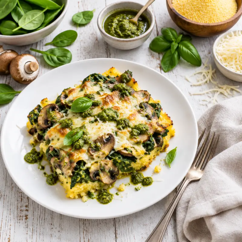 Cheesy Basil Pesto Polenta Bake with Spinach & Mushrooms, plated