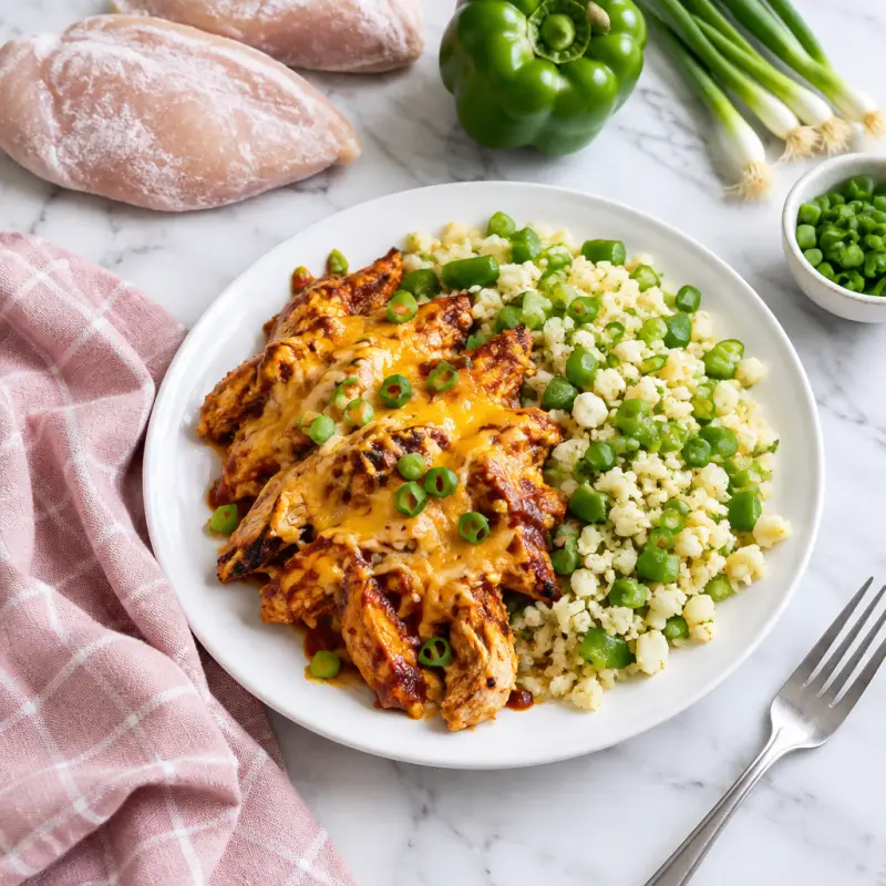 Cheesy BBQ Chicken Bake with Green Onion-Bell Pepper Cauliflower Rice, plated
