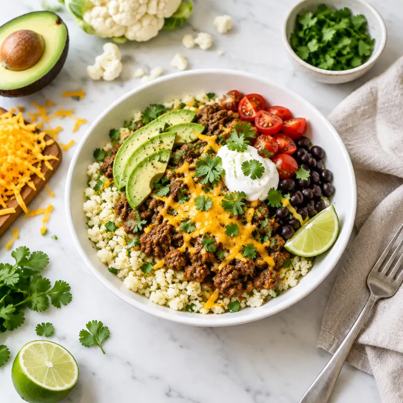 Cheesy Beef & Cilantro-Lime Cauliflower Rice Burrito Bowl, plated