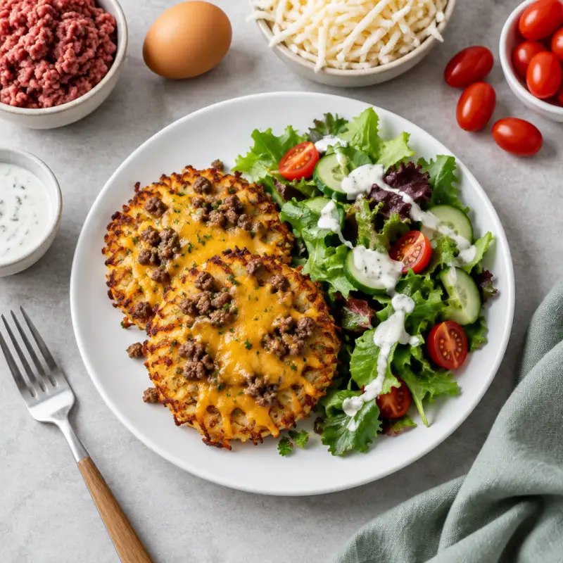 Cheesy Beef & Hash Brown Patties with Ranch Mixed Green Salad, plated
