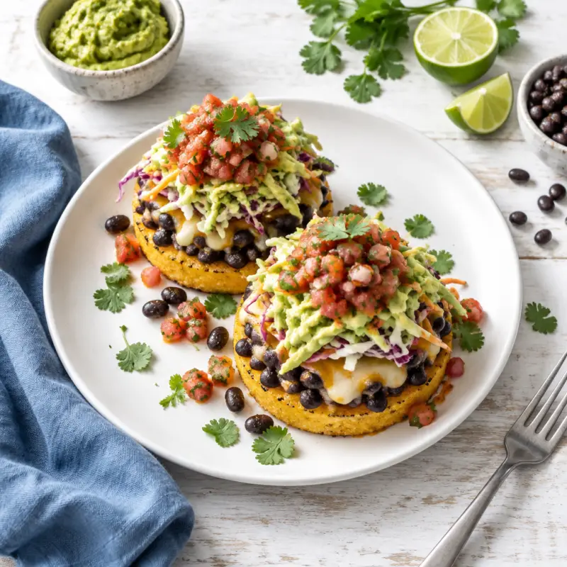 Cheesy Black Bean-Polenta Stacks with Salsa & Creamy Avocado Slaw, plated