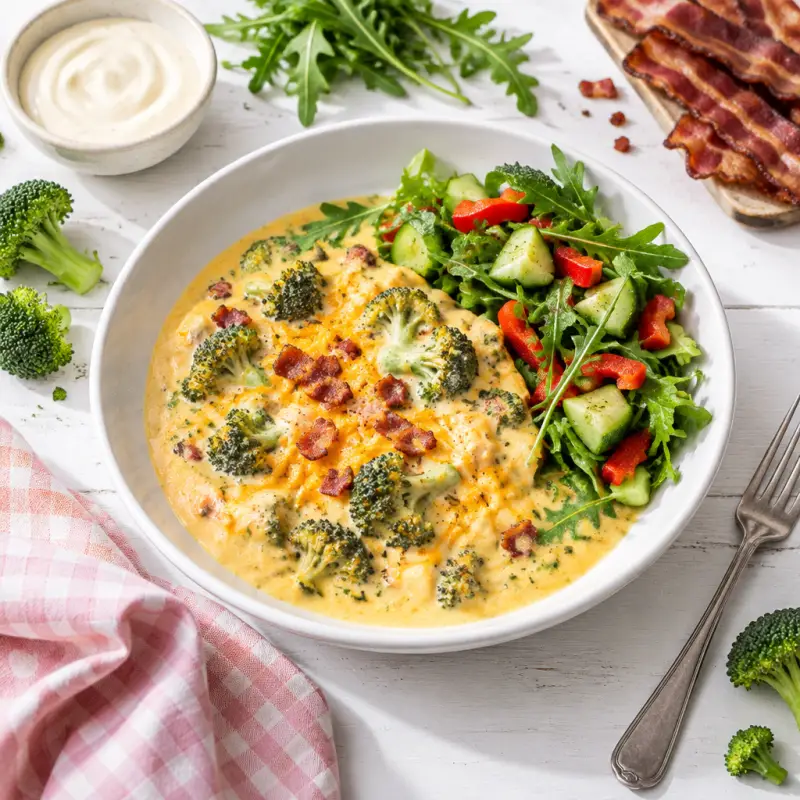 Cheesy Broccoli-Bacon Soup with Bell Pepper, Cucumber & Arugula Salad, plated