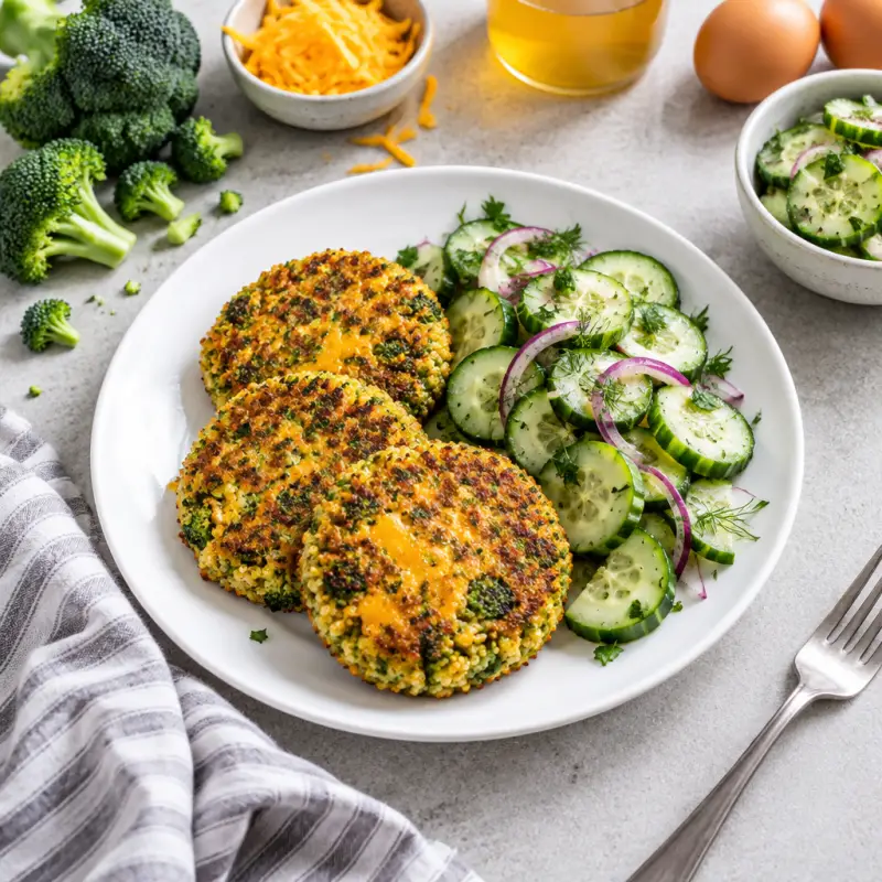 Cheesy Broccoli Quinoa Patties with Tangy Cucumber Salad, plated