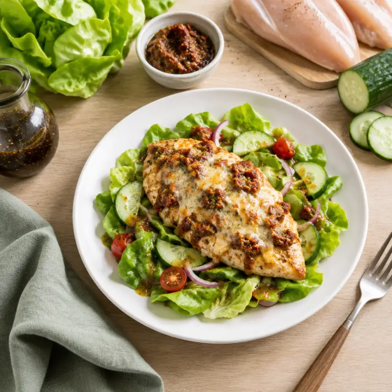 Cheesy Broiled Chicken with Sun-Dried Tomato Pesto over Italian Salad, plated