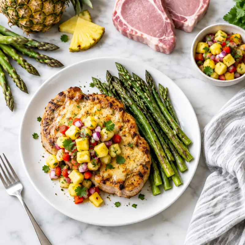 Cheesy Broiled Pork Chops with Pineapple Salsa & Roasted Asparagus, plated