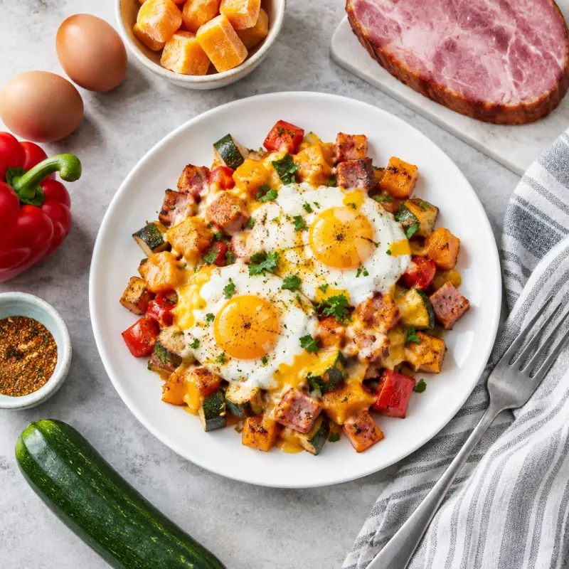 Cheesy Cajun Ham, Butternut Squash, Pepper & Zucchini Hash with Eggs, plated