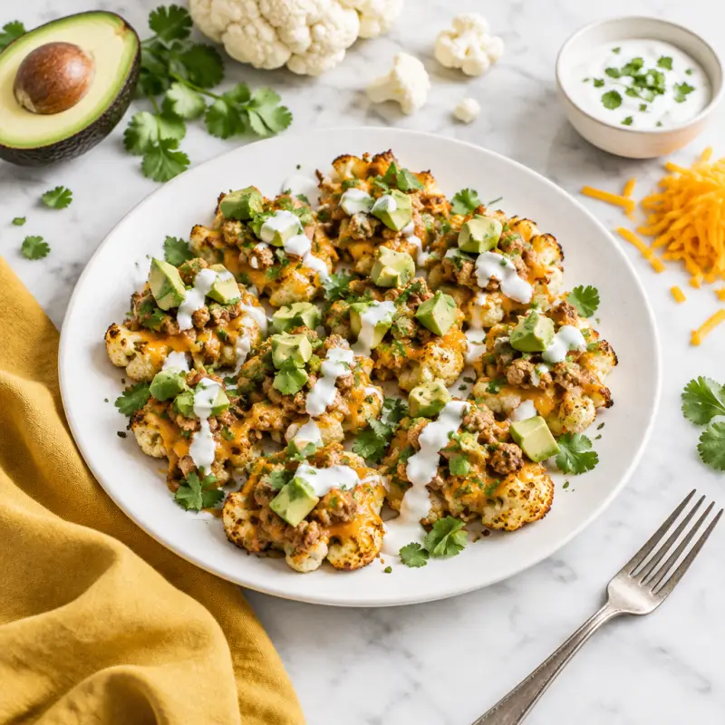Cheesy Cauliflower Nacho Bites with Turkey, Cilantro, Avocado & Yogurt, plated