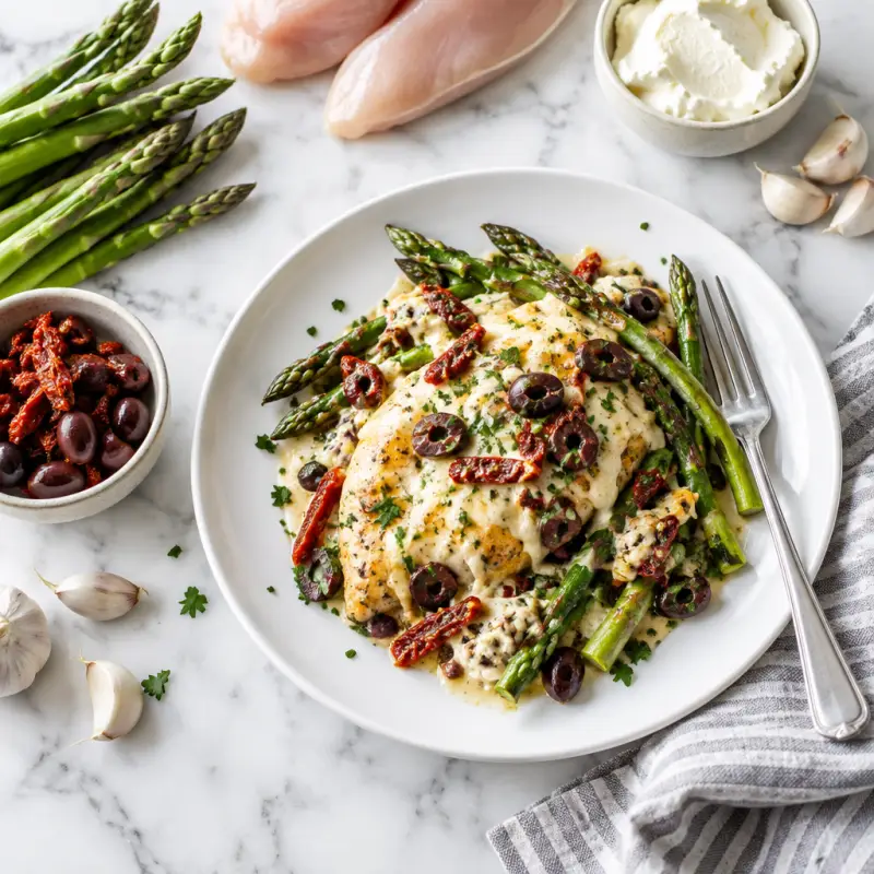 Cheesy Chicken Asparagus Bake with Sun-Dried Tomatoes & Olives, plated