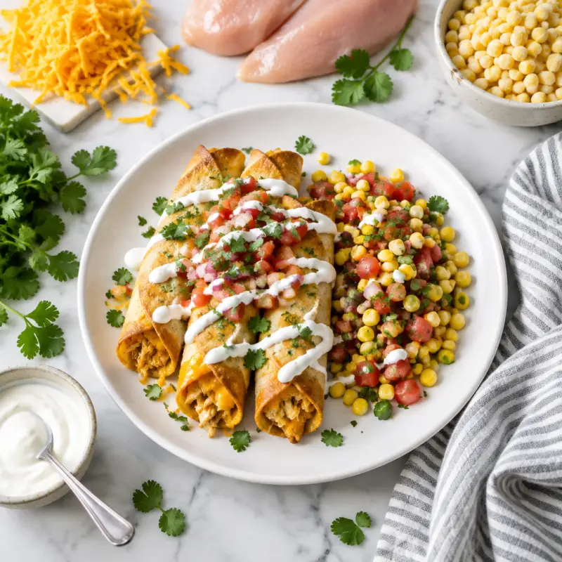 Cheesy Chicken Taquitos with Pico de Gallo Corn Salad & Yogurt Crema, plated