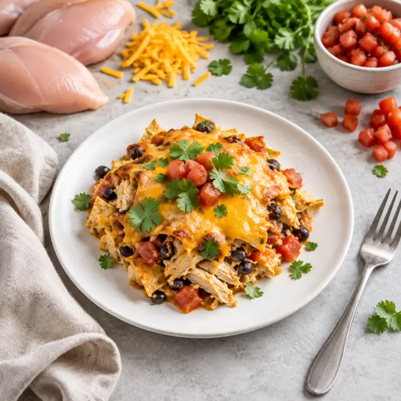 Cheesy Chicken Tortilla Bake, plated