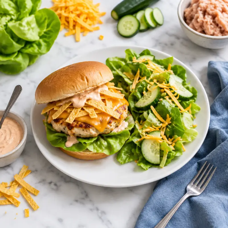 Cheesy Chicken Tortilla Burger with Special Sauce & Side Salad, plated