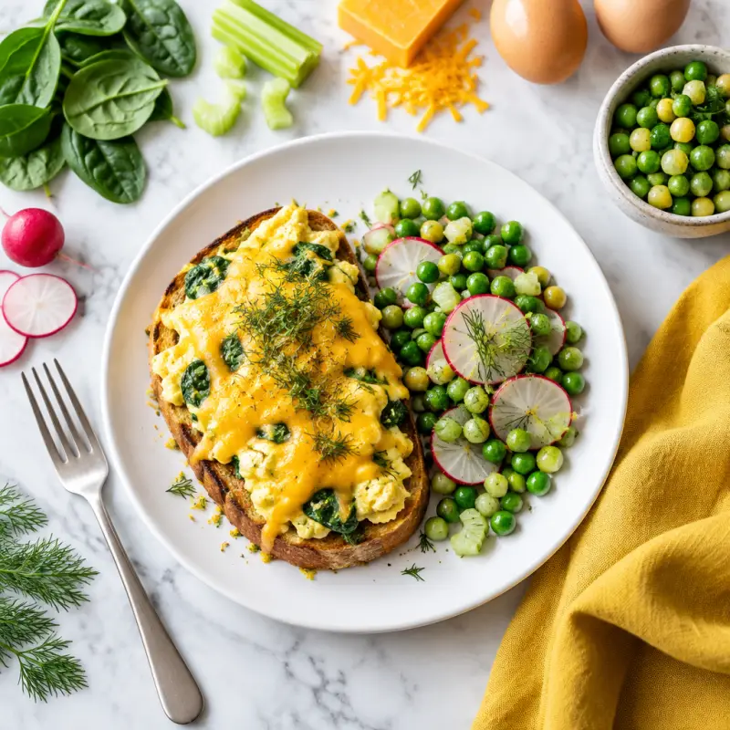Cheesy Egg Toast with Lemony Dill, Spinach, Radish, & Mixed Pea Salad, plated