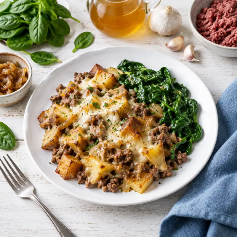 Cheesy "French Onion" Beef & Potato Skillet with Sautéed Spinach, plated