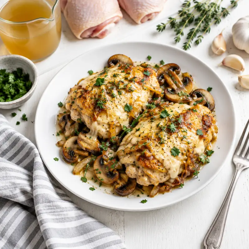 Cheesy "French Onion" Chicken Thighs with Mushrooms, Thyme & Parsley, plated