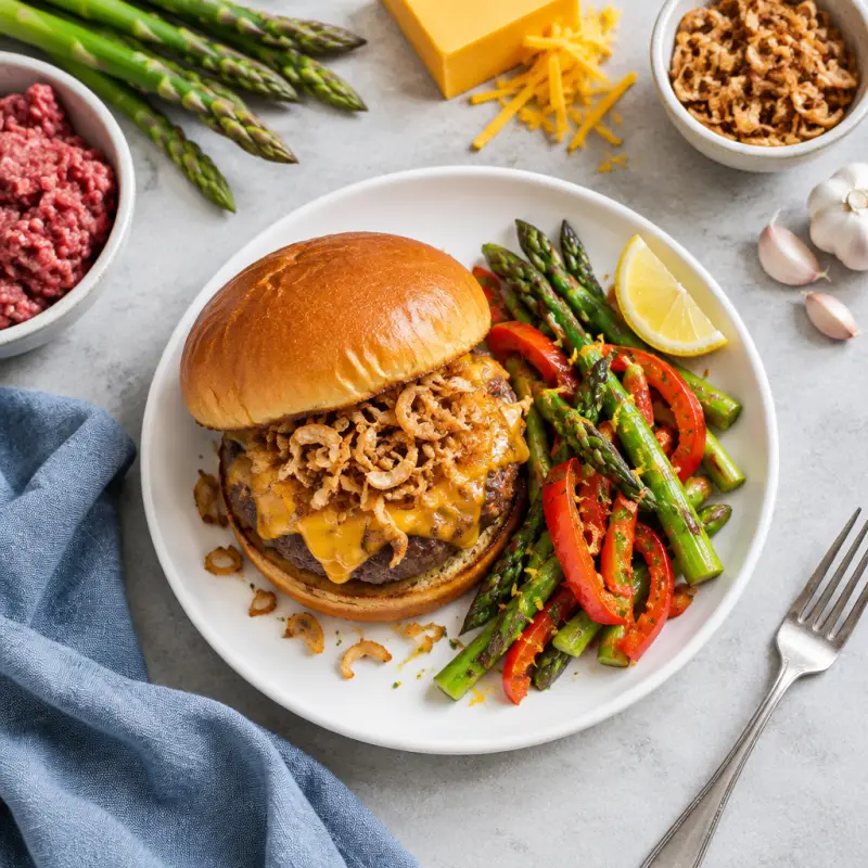 Cheesy Fried Shallot Burger with Lemony Asparagus & Peppers, plated
