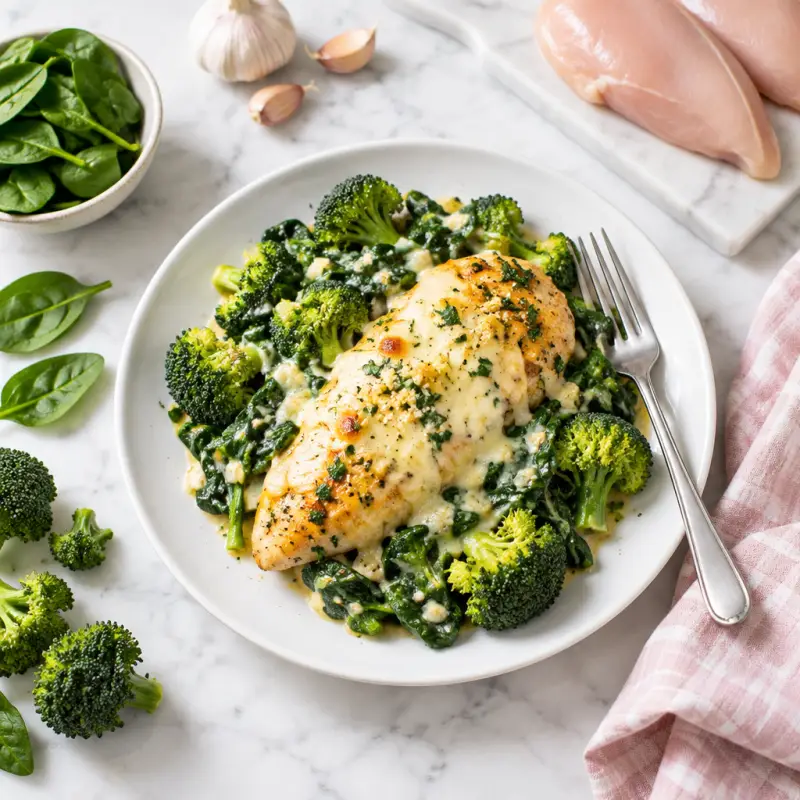 Cheesy Garlic Chicken with Broccoli & Spinach, plated