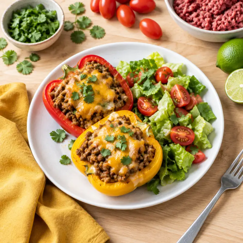 Cheesy Ground Beef "Taco" Stuffed Peppers with Lettuce & Tomato Salad, plated