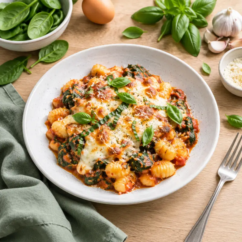 Cheesy Lasagna-Style Gnocchi Bake with Spinach & Fresh Basil, plated
