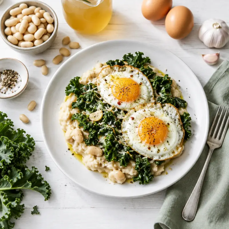 Cheesy Mashed White Beans with Sautéed Kale & Fried Eggs, plated