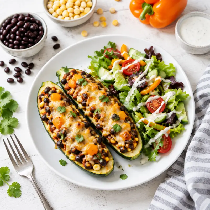 Cheesy Mexican Zucchini Boats with Black Beans, Salsa & Tossed Salad, plated