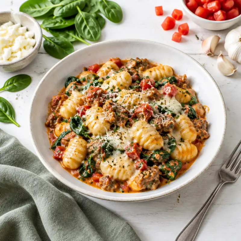 Cheesy One-Pot Gnocchi with Italian Sausage & Spinach, plated