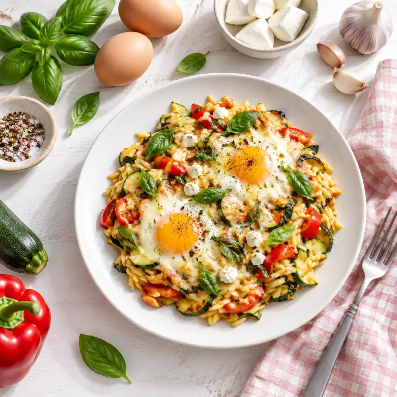 Cheesy Orzo Skillet Bake with Zucchini, Bell Pepper, Basil & Eggs, plated
