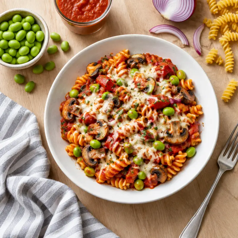 Cheesy Pasta Marinara with Roasted Edamame, Mushrooms & Bell Pepper, plated