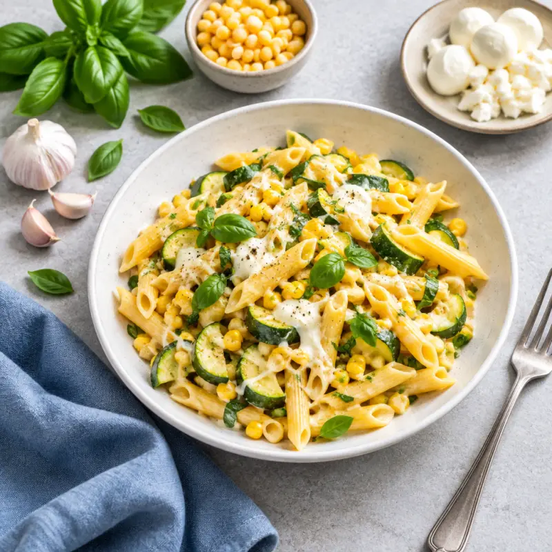 Cheesy Penne with Zucchini, Corn & Basil, plated