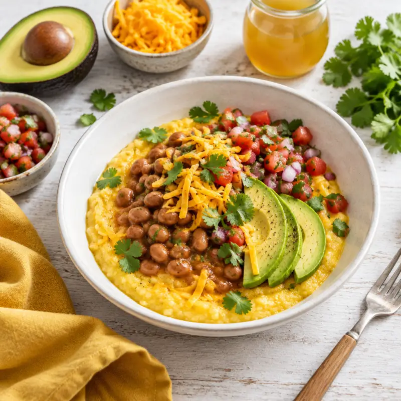Cheesy Polenta Bowl with Pinto Beans, Pico de Gallo Salad & Avocado, plated