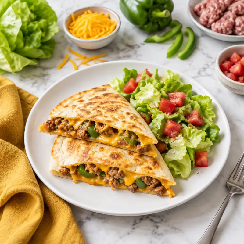 Cheesy Pork Sausage & Bell Pepper Quesadilla with Lettuce & Tomato, plated