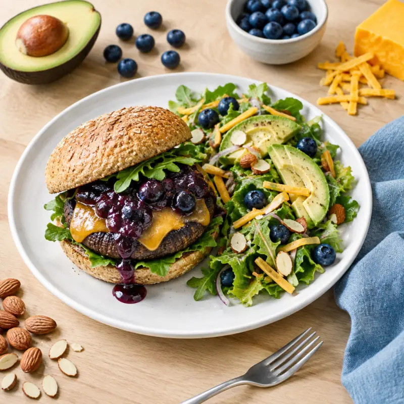 Cheesy Portobello Mushroom Burger with Blueberry BBQ Sauce & Salad, plated