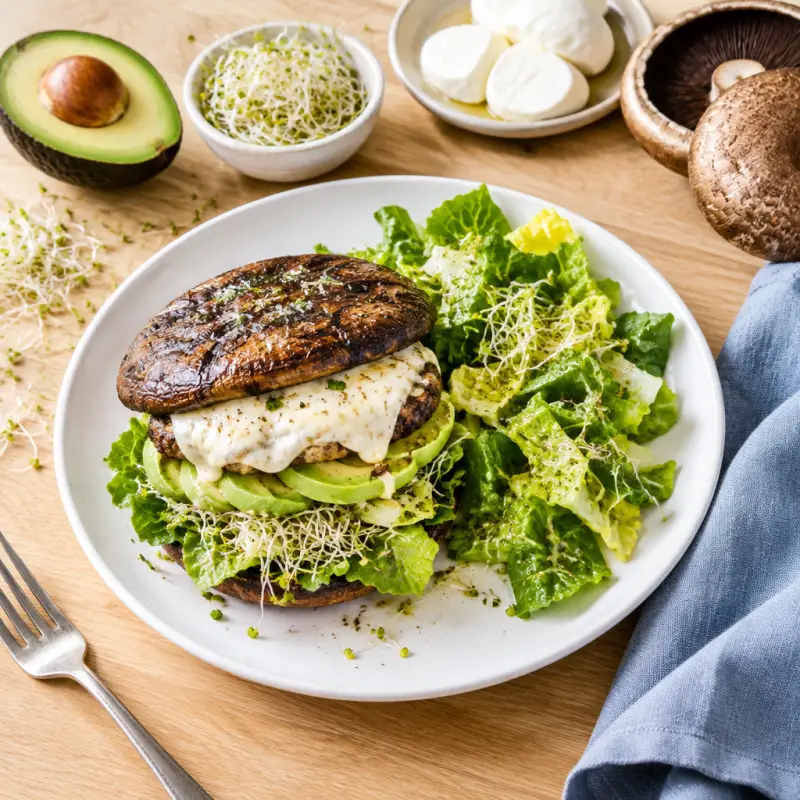 Cheesy Portobello "Smash" Burger with Avocado, Sprouts & Romaine Salad, plated
