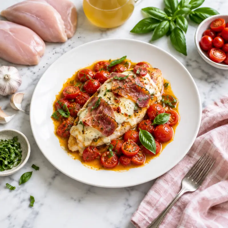 Cheesy Prosciutto Chicken with Grape Tomato Pan Sauce, plated