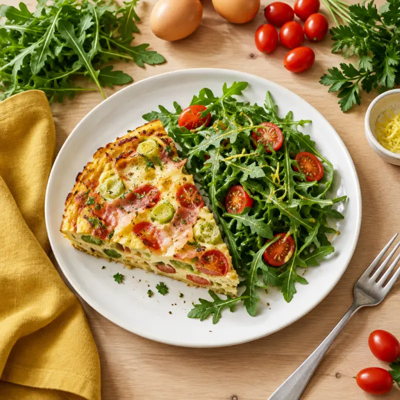 Cheesy Prosciutto, Tomato & Leek Frittata with Lemony Arugula Salad, plated