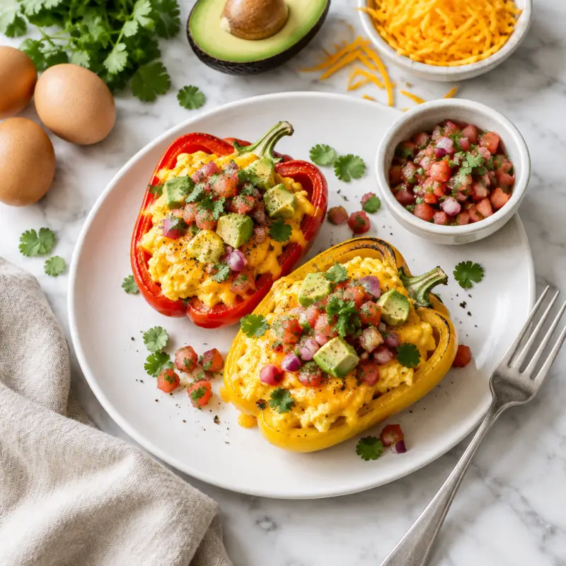Cheesy Scrambled Egg Stuffed Peppers with Avocado & Pico de Gallo, plated