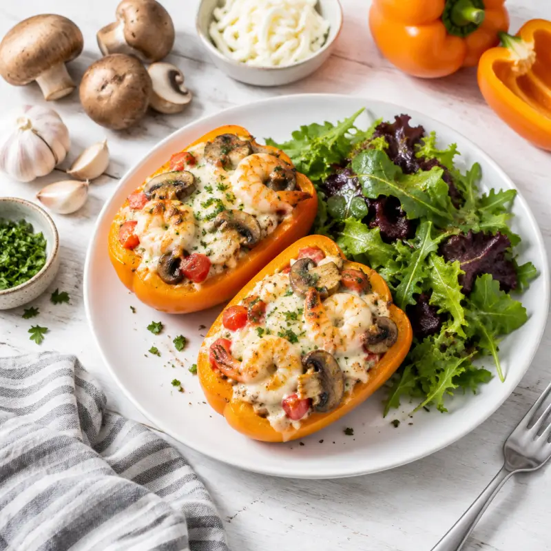 Cheesy Shrimp, Mushroom & Tomato Stuffed Peppers with Mixed Greens, plated