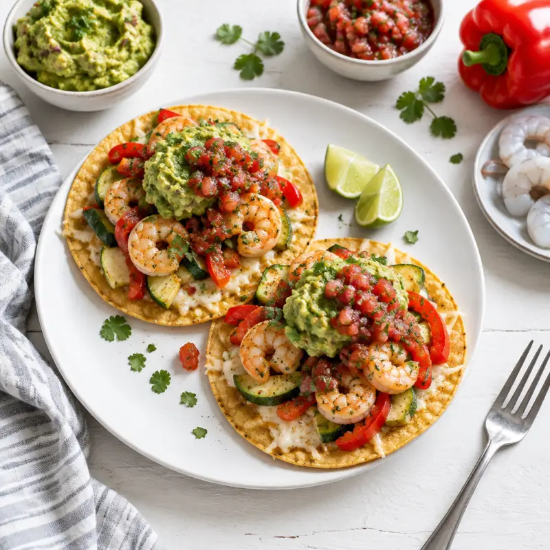 Cheesy Shrimp Tostadas with Zucchini, Bell Pepper, Guacamole & Salsa, plated
