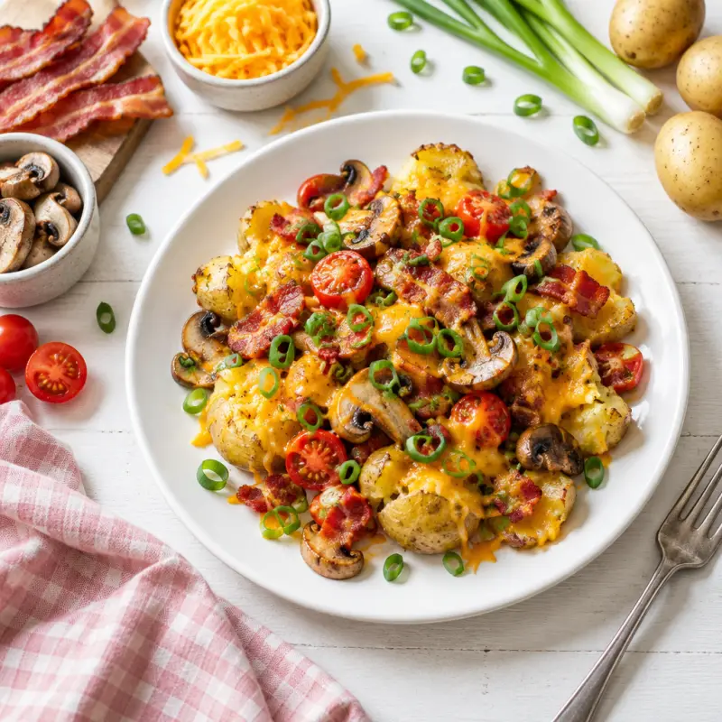 Cheesy Smashed Potatoes with Bacon, Mushrooms, Tomato & Green Onion, plated